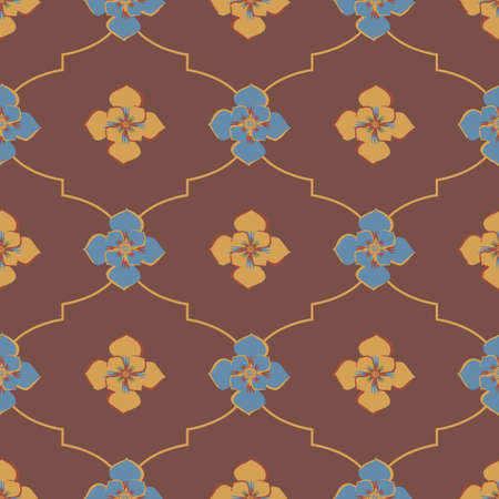 Medieval rose ogee vector pattern background. Azulejo tile style backdrop of hand drawn flowers with...