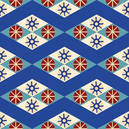 Abstract stylized sun and star diamond shape seamless vector pattern background. Azulejo style backdrop with ancient Egypt inspired symbols, rhombus motifs, red, white, blue. Geometric repeatのイラスト素材