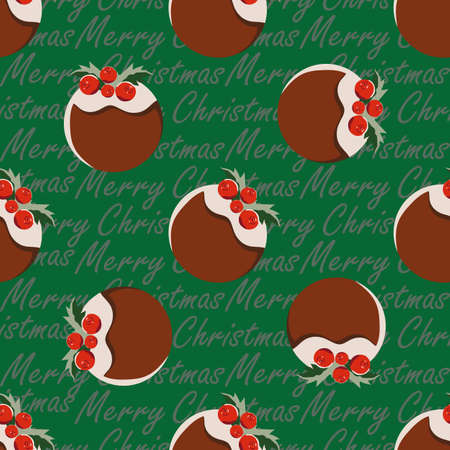 Christmas Pudding seamless vector pattern background. Festive backdrop with seasonal celebration cake, berries, holly leaves and blended season greetings text. Traditional colors. Repeat for winterのイラスト素材