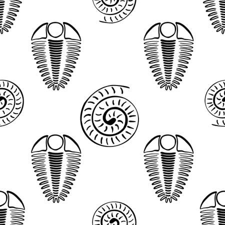 Ammonite trilobite vector seamless pattern background. Hand drawn spiral-form shell cephalopod and arthropod ribbed fossils. Monochrome backdrop.Extinct marine predators. Repeat for educationのイラスト素材