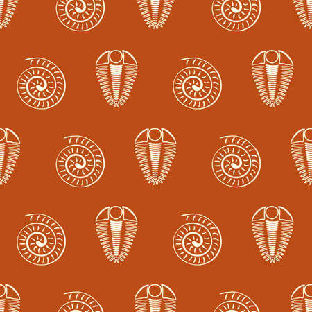 Ammonite trilobite vector seamless pattern background. Hand drawn spiral-form shell cephalopod and arthropod ribbed fossils. Earthy red orange backdrop.Extinct marine predators. Repeat for educationのイラスト素材