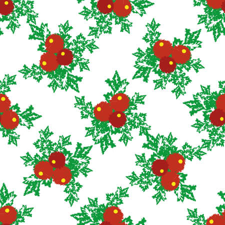 Elegant Christmas holly and berry seamless vector pattern. Festive background with traditional red green motifs in scribble drawing style on white backdrop. Lattice grid repeat for winter, holidaysのイラスト素材
