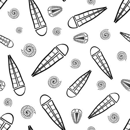 Ammonite trilobite haplophrentis vector seamless pattern background. Hand drawn shell cephalopod, arthropod, hyolithis ribbed fossils Extinct marine predators and filter feeders. For educationのイラスト素材