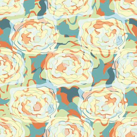 Modern abstract peony blossom vector pattern background. Teal, orange, white blooms backdrop. Beautiful floral shapes. Hand drawn botanical design. Feminine repeat of garden flower. For wellnessのイラスト素材
