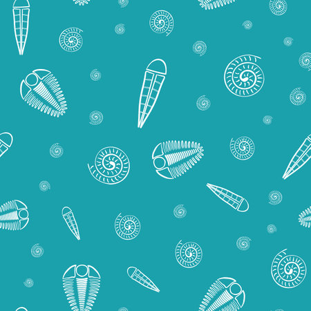 Ammonite trilobite haplophrentis vector seamless pattern background. Hand drawn shell cephalopod, arthropod, hyolithis ribbed fossils Extinct marine predators and filter feeders. For natural historyのイラスト素材