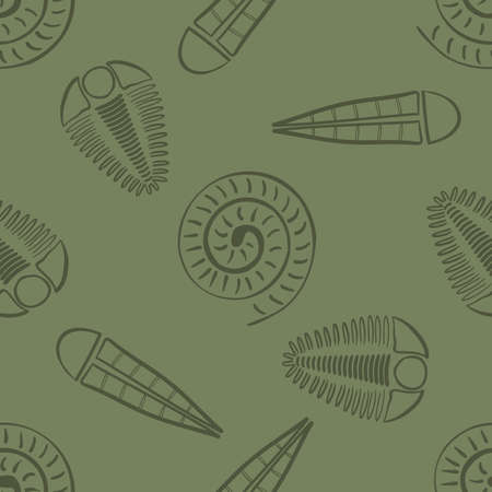 Ammonite trilobite haplophrentis vector seamless pattern background. Hand drawn shell cephalopod, arthropod, hyolithis ribbed fossils Extinct marine predators and filter feeders. For educationのイラスト素材