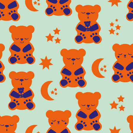 Cute sleepy kawaii bears, stars moon vector seamless pattern background. Neon orange, indigo blue backdrop with teddy bear and celestial shapes. Cartoon characters for sleeping well, babies, kidsのイラスト素材