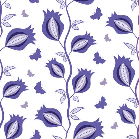 Floral climbers and butterflies seamless vector pattern background. Climbing flowers on vine backdrop in periwinkle violet purple. Vertical columns of trailing leaves and blossoms. Botanical repeat.のイラスト素材