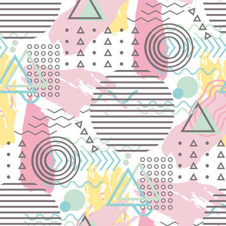 Abstract Memphis style vector seamless pattern. 80s hipster design background. Modern backdrop with scattered circles, zigzag, wave, triangles, lines and paint shapes. Fun repeat for summer, wellnessのイラスト素材