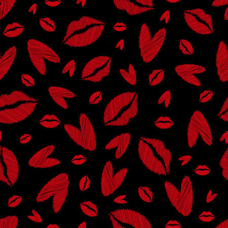 Vector scribbled lips and hearts seamless pattern background. Red black backdrop with pencil drawing style female kiss and heart motifs. Scattered Valentine icon repeat for romance, love, celebration.のイラスト素材