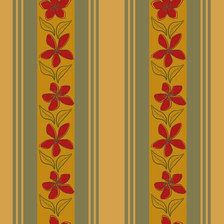 Jasmine flower and regent stripe vector seamless pattern background. Line art hand drawn flowers on parallel vertical thin and wide stripes. Red green floral botanical regency design repeatのイラスト素材