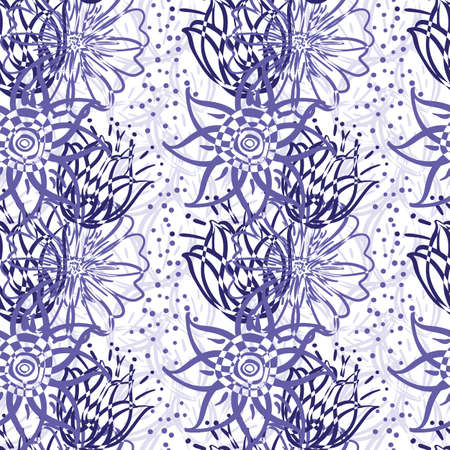 Abstract wild meadow flowers seamless vector pattern background. Botanical periwinkle purple florals texture geometric backdrop. Line art style vertical column millefleurs design. Modern repeat printのイラスト素材