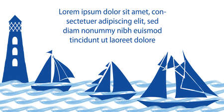 Sailing boats, ocean waves, lighthouse vector banner template with space for text, logo. Hand drawn horizontal sea wave and yacht frame marine design in blue and white. For vacation, maritime,nauticalのイラスト素材