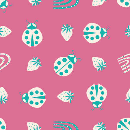 Cute ladybird, dotted rainbow, strawberry seamless vector pattern background. Teal cream whiteLadybugs with strawberries and rainbows on pink backdrop. Fun design for kids. Happy repeat for summer.のイラスト素材