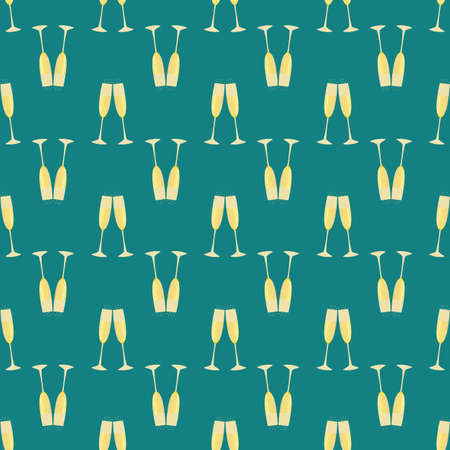 Champagne flutes vector seamless pattern background. Teal gold backdrop with prosecco glasses in horizontal rows. Sparkling wine drinks design. Repeat for party celebration, occasion, weddingのイラスト素材