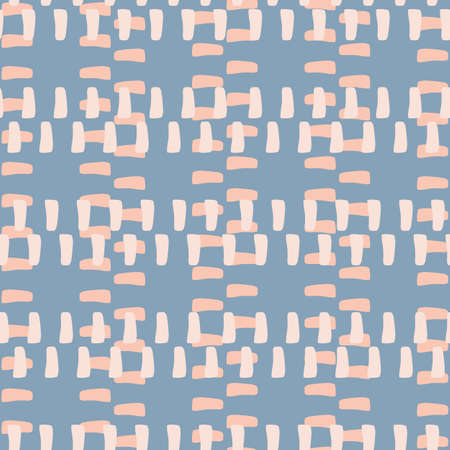 Retro abstract grid mosaic vector seamless pattern. Blended abstract geo weave background. Modern style. Tiled loose color block geometric woven design. Pastel blue pink faux waffle effect for babyのイラスト素材