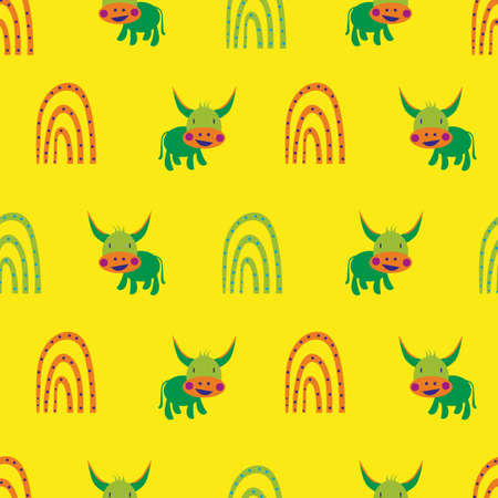 Vector dotted rainbow and kawaii cow seamless pattern background. Backdrop with hand drawn rainbows and cartoon cattle. Geometric weather symbol and farm animal design. Fun sunny repeat for kidsのイラスト素材