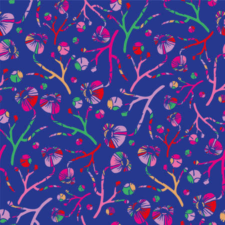 Abstract peony flower seamless vector pattern background. Bright neon color backdrop with scattered flowers on stems. Modern faux lino print style peonies. Botanical garden floral repeat for summerのイラスト素材