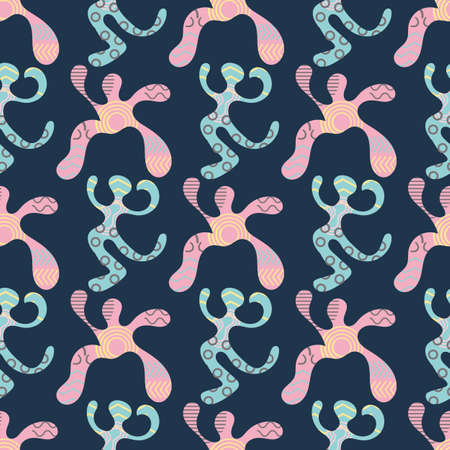 Funky dancing people vector pattern background. Fun backdrop of abstract dance figures with memphis design style texture. Blue, pink, indigo repeat. Naive hand drawn all over print for summer, party.のイラスト素材