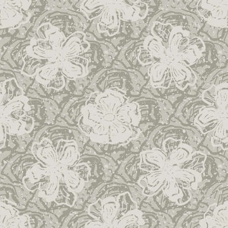 Cottage garden flower seamless vector pattern background. Modern floral line art design with hand drawn flowers on textured backdrop. Neutral texture farmhouse garden botanical repeat for packagingのイラスト素材