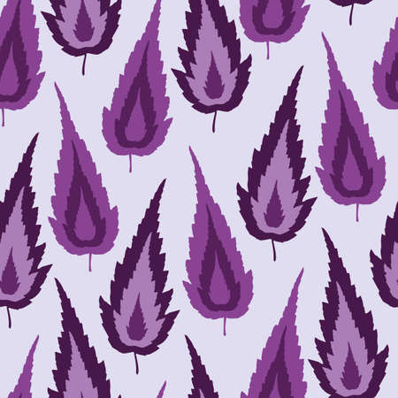 Hand drawn pointy leaf seamless pattern. Purple vector modern flame shaped foliage background. Monochrome botanical backdrop repeat design. Scattered upright leaves nature all over print for summerのイラスト素材