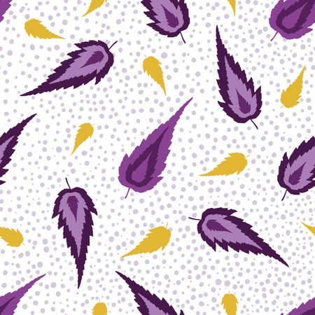 Hand drawn pointy leaf seamless pattern. Vector modern flame shaped foliage on dense polka dot background. Scattered leaves botanical backdrop repeat design. Nature all over print for packagingのイラスト素材