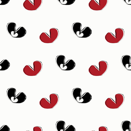 Red and black hearts grunge style seamless vector pattern background. Valentine heart painterly backdrop with mix of love heart icons. Hand drawn romantic modern funky repeat for romance celebrationのイラスト素材