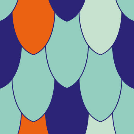 Pointy scale vector seamless pattern background.Tropical color indigo orange blue oval oblong overlapping shapes backdrop. Simple colorful geometric fish scales repeat. Neon design for summer conceptのイラスト素材