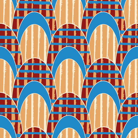 Pointed scallop seamless vector pattern background. Grunge plaid and stripe fill textured overlapping oval shapes backdrop. Multicolor orange, red, blue design.Unique geometric repeat for summer, fallのイラスト素材