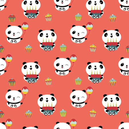 Kawaii panda Happy Birthday vector seamless pattern background. Cute backdrop with laughing cartoon bears holding cakes, balloons, cupcakes. Bright gender neutral repeat for baby and kids birthdayのイラスト素材