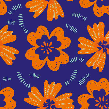 Wildflower seamless vector pattern background. Tropical color stylized meadow flowers backdrop. Modern folk art stitch effect style Hand drawn botanical design. Garden flower cottagecore aestheticのイラスト素材