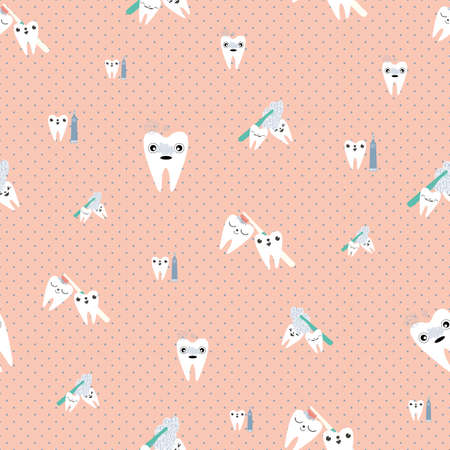 Kawaii tooth kids dental care vector educational seamless pattern background. Cute cartoon characters with toothbrush, tooth paste, brushing teeth. Fun children oral health pink white repeat.のイラスト素材