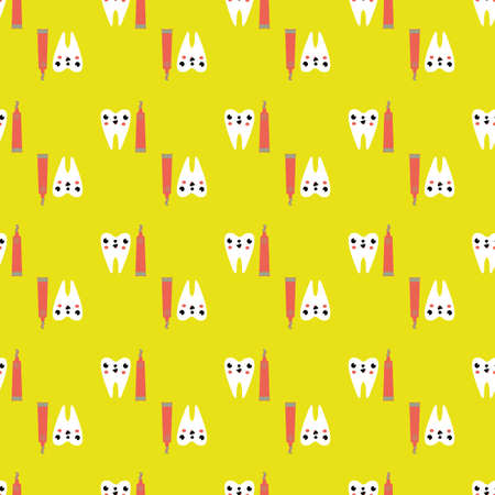 Kawaii tooth kids dental care vector educational seamless pattern background. Cute cartoon characters holding a toothbrush. Fun children oral health gender neutral repeat. All over geometric printのイラスト素材