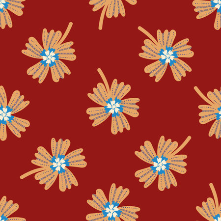 Wild meadow flower seamless vector pattern background. Modern style orange blue wild flowers on red backdrop. Hand drawn line art outline silhouette botanical design. Garden flower cottagecore repeatのイラスト素材