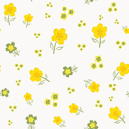 Buttercup vector seamless pattern background. Hand-drawn yellow green white floral repeat backdrop. Perennial herbaceous garden flower scattered design. Symbol for growth, love, health, youthfulnessのイラスト素材