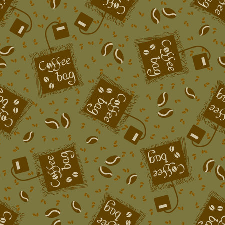 Coffee bag and beans vector seamless pattern background. Sage greeb brown backdrop with disposable freshly brewed sachets of lattes, americanos. Grunge hand-drawn caffeine drink icons for packaging.のイラスト素材