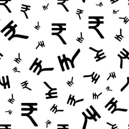 Indian rupee symbol vector pattern seamless background. Black white monochrome backdrop with tossed currency icons. Finance repeat. Graphic resource. All over print for money,business, economyのイラスト素材