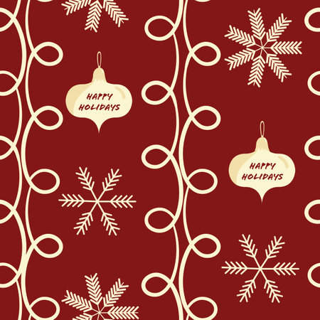 Happy Holidays Christmas snowflake, bauble and doodle loop vector seamless pattern background. Red...