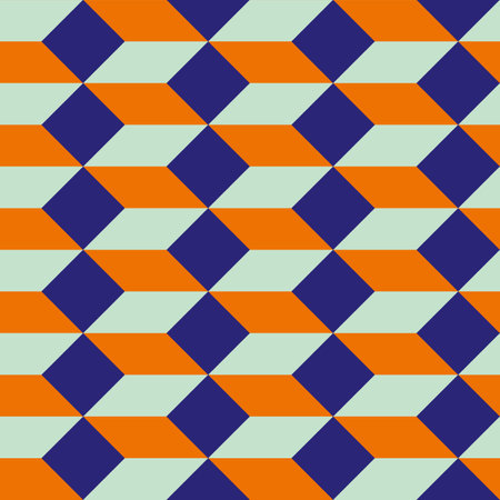 Tropical neon color 3D isometric cube vector seamless pattern background. Horizontal rows rectangle cubes abstract backdrop. Symmetrical design with geometric shapes. Diagoanl three dimensional effectのイラスト素材