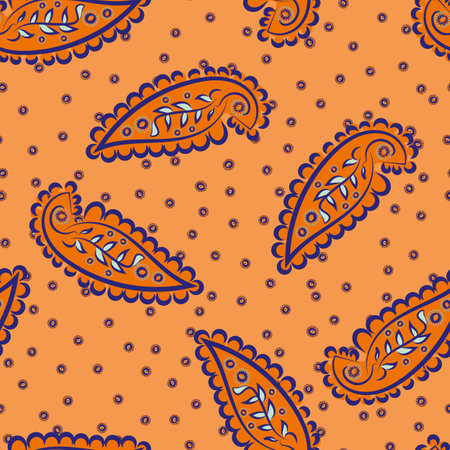 Paisley seamless vector pattern background. Beautiful hand drawn floral scattered design with tiny flower background. Tropical color neon orange indigo repeat. Brushstroke style of botanical motifs.のイラスト素材