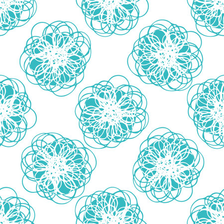 Abstract blue white flower vector seamless pattern background. Modern scribble effect florals on white backdrop. Wildflower design. Botanical summer flowers cottagecore duotone repeatのイラスト素材