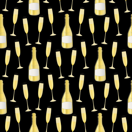 Champagne bottle and glasses vector seamless pattern background. Elegant gold black backdrop with fizz, champagne flutes,bottles. Modern chic repeat for party, birthday, wedding, New Year celebrationのイラスト素材