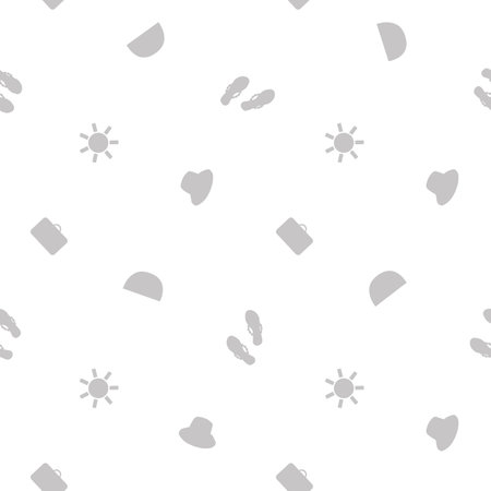 Cute vector travel seamless pattern background with sun, suitcases, flip flops, hearts, rainbows.Repeat with grey silhouette vacation icons on white backdrop. For summer, beach holiday, leisureのイラスト素材
