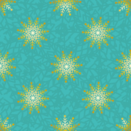 Elegant teal gold snowflake seamless vector pattern. Christmas and New Year seamless backdrop with snow, snowflakes. Winter holidays theme. Turquoise golden delicate motifs repeat. For festive gifts.のイラスト素材