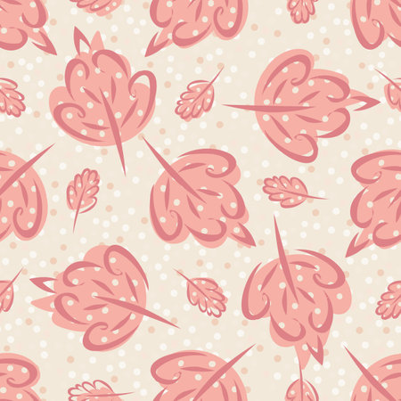 Pink leaf brush strokes seamless vector pattern background. Hand drawn leaves with dots on dot textured background. Nature botanical backdrop all over print for baby, packaging. Naive styleのイラスト素材