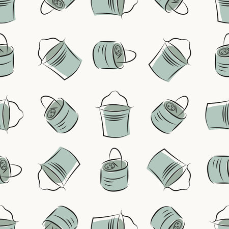 Vector retro hand drawn seamless pattern background of cleaning buckets. Blue white backdrop of watering tools. Spring clean chores elements in vintage line art sketch style all over printのイラスト素材