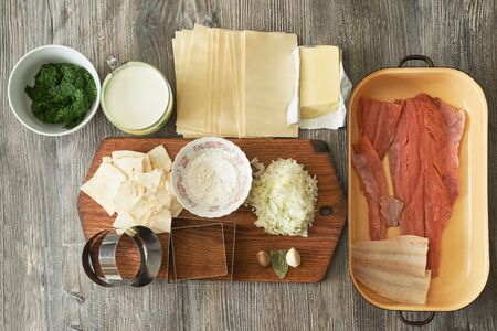 top view of a set of lasagna productsの写真素材