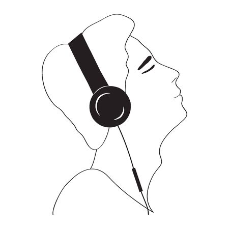 Profile portrait of man in headphones - line drawing. Concept listening to music, reading an audiobook, therapy with relaxing music, audio meditation. Hand drawing. Vector illustration.のイラスト素材