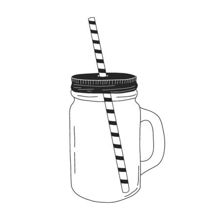 Glass mug with handle in linear style. hand drawing, doodle. A tube for juice. vector illustration.のイラスト素材