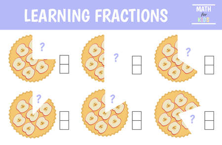 A math fractions worksheet. Learning fractions. Pie. Vector illustrationのイラスト素材